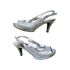 Vtg Y2K Nine West Heels Size 7.5 Silver Glittery Prom Formal Party Wedding Glam